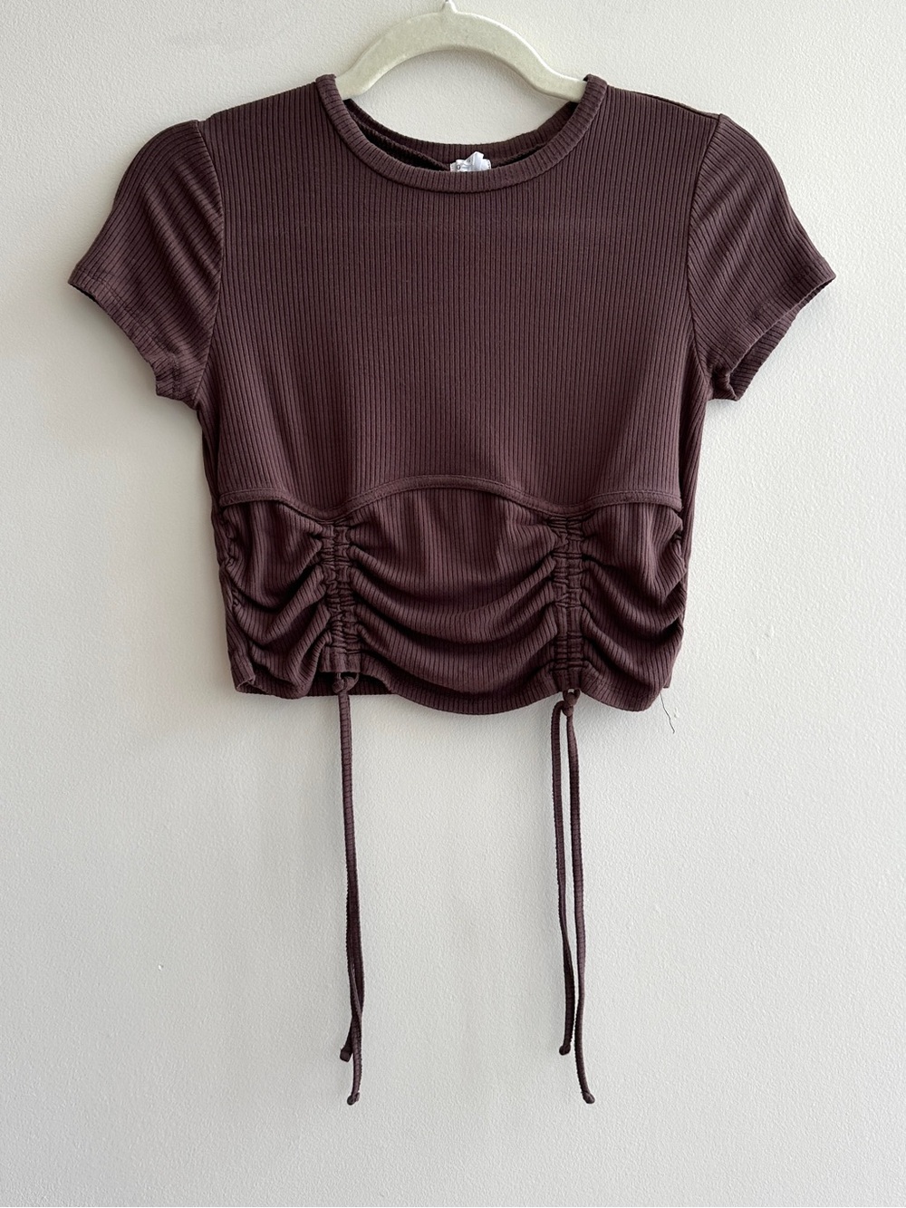 Garage Ribbed Cropped Tie Front Top, Casual Going Out Top, Brown, Size Medium